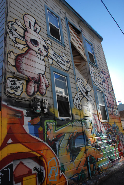 Silly Pink Bunny mural by Jeremy Fish